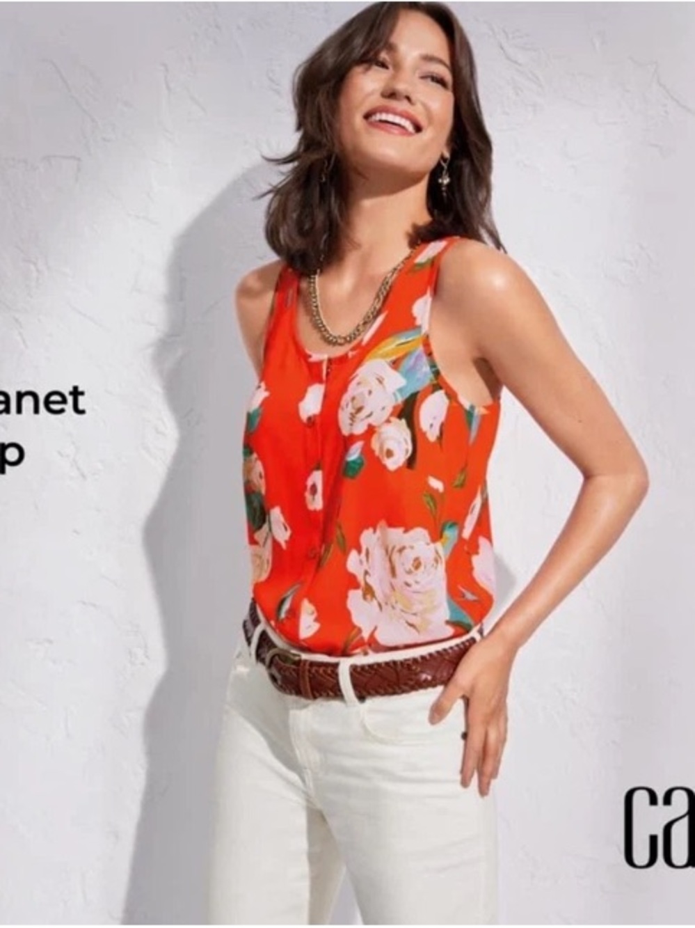 CAbi Manet Floral Scoop Neck Sleeveless Tank - Orange Floral